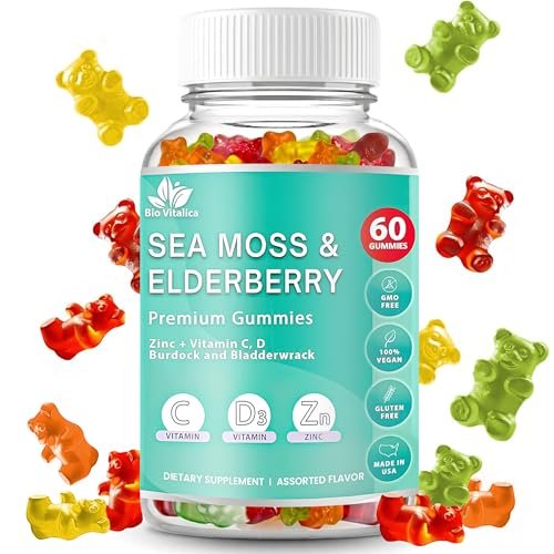BIO VITALICA Irish Sea Moss Gummies mit Holunderbeere – USA hergestellte vegane Gummis mit Vitamin C, D & Zink – Immununterstützung mit Blasentang & Klettenwurzel für Erwachsene & Kinder – 60 Stück