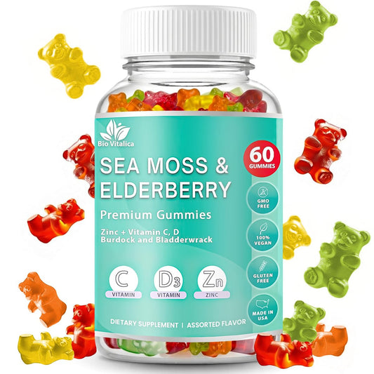 BIO VITALICA Irish Sea Moss Gummies mit Holunderbeere – USA hergestellte vegane Gummis mit Vitamin C, D & Zink – Immununterstützung mit Blasentang & Klettenwurzel für Erwachsene & Kinder – 60 Stück