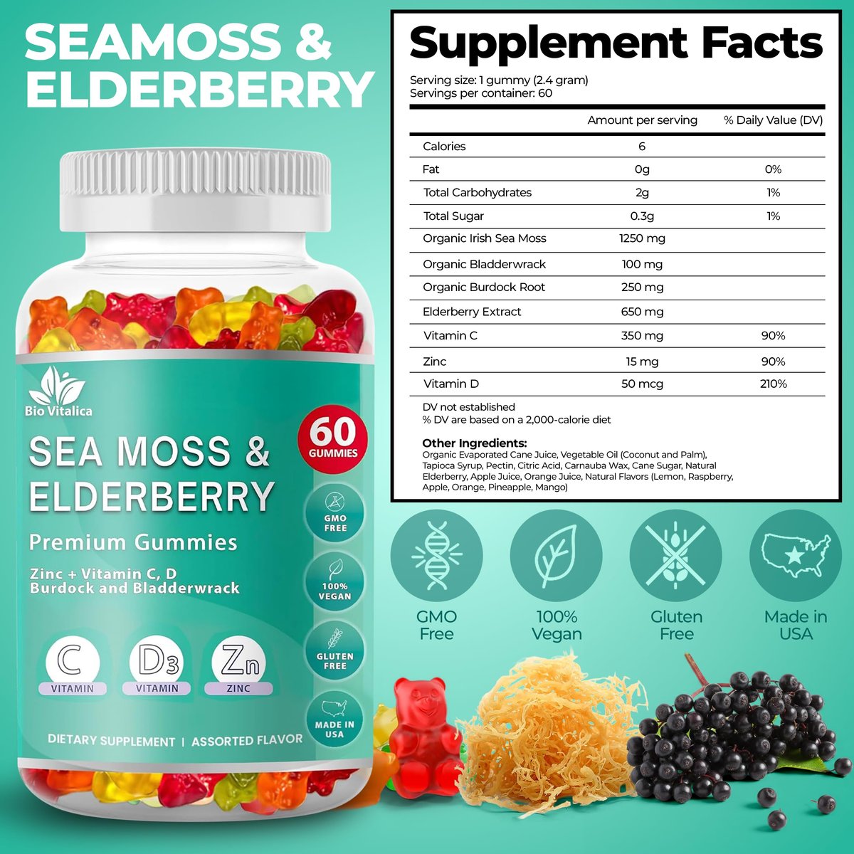 BIO VITALICA Irish Sea Moss Gummies mit Holunderbeere – USA hergestellte vegane Gummis mit Vitamin C, D & Zink – Immununterstützung mit Blasentang & Klettenwurzel für Erwachsene & Kinder – 60 Stück