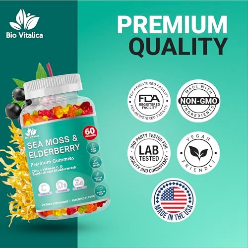 BIO VITALICA Irish Sea Moss Gummies mit Holunderbeere – USA hergestellte vegane Gummis mit Vitamin C, D & Zink – Immununterstützung mit Blasentang & Klettenwurzel für Erwachsene & Kinder – 60 Stück