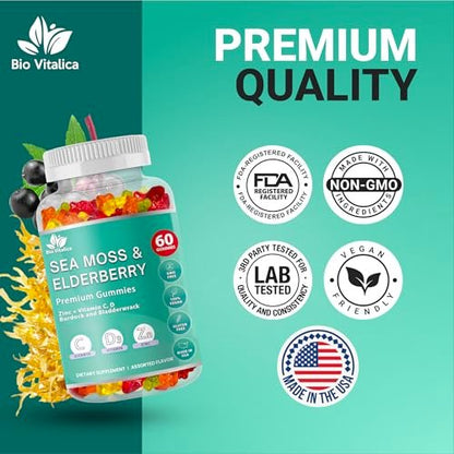 BIO VITALICA Irish Sea Moss Gummies mit Holunderbeere – USA hergestellte vegane Gummis mit Vitamin C, D & Zink – Immununterstützung mit Blasentang & Klettenwurzel für Erwachsene & Kinder – 60 Stück