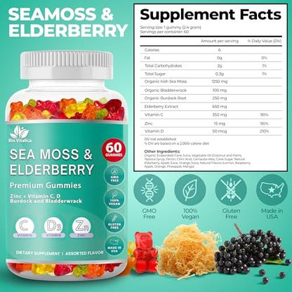 BIO VITALICA Irish Sea Moss Gummies mit Holunderbeere – USA hergestellte vegane Gummis mit Vitamin C, D & Zink – Immununterstützung mit Blasentang & Klettenwurzel für Erwachsene & Kinder – 60 Stück