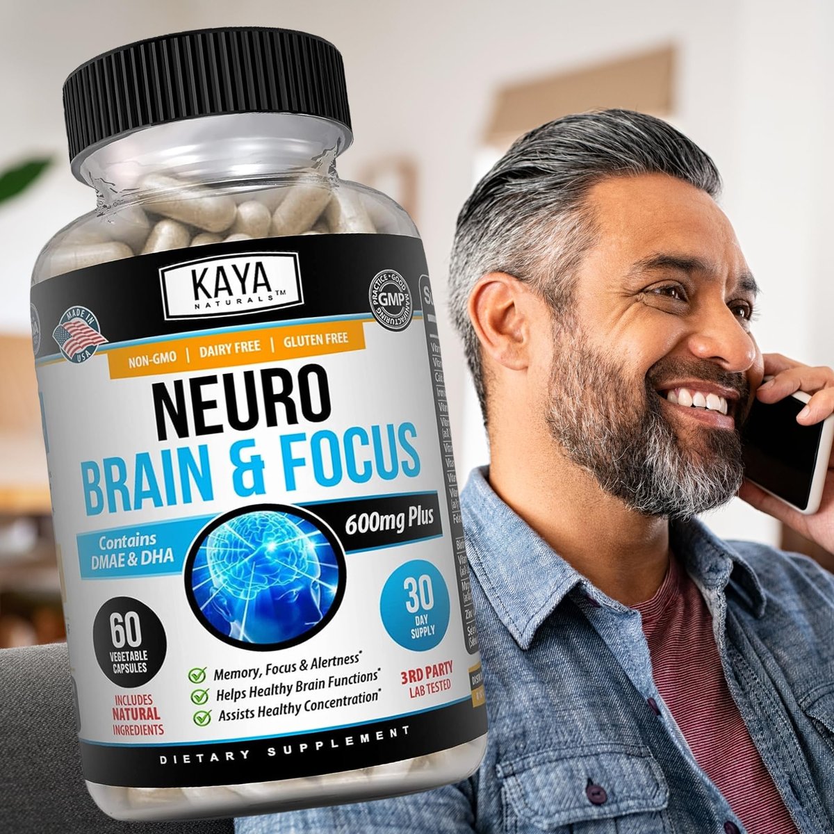 Kaya Naturals Neuro Brain – Nootropikum für Gedächtnis & Fokus – Kognitive Unterstützung & Lernfähigkeit – 60 Kapseln