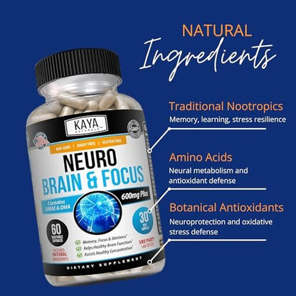 Kaya Naturals Neuro Brain – Nootropikum für Gedächtnis & Fokus – Kognitive Unterstützung & Lernfähigkeit – 60 Kapseln