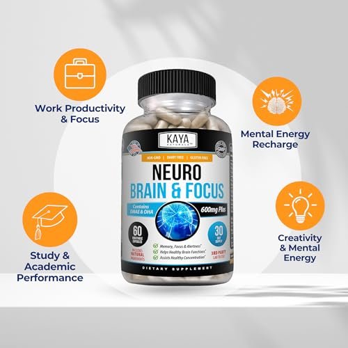 Kaya Naturals Neuro Brain – Nootropikum für Gedächtnis & Fokus – Kognitive Unterstützung & Lernfähigkeit – 60 Kapseln