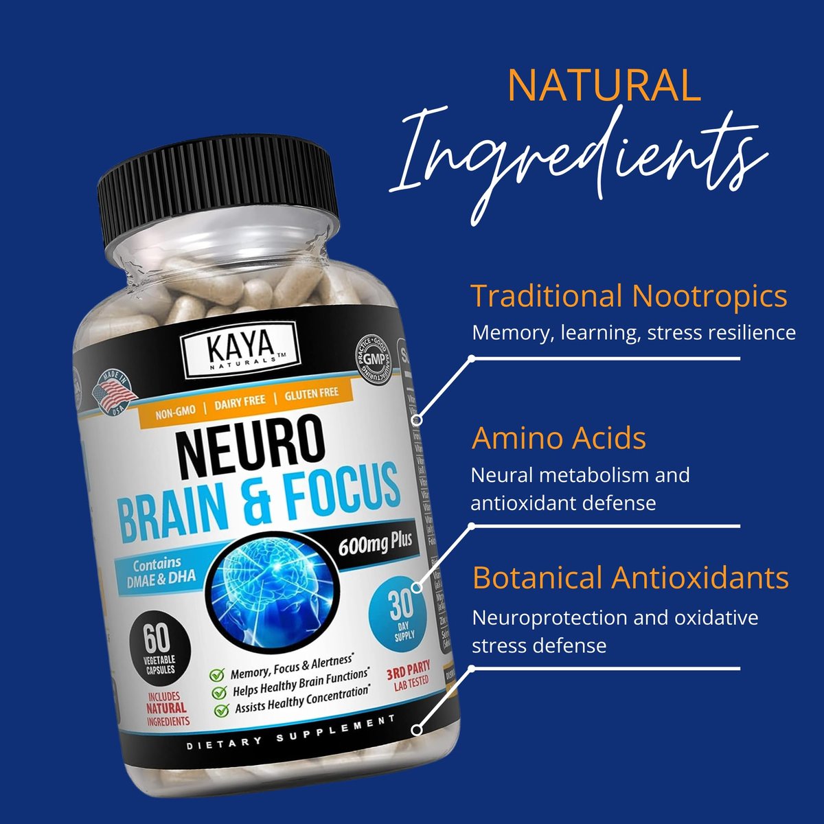 Kaya Naturals Neuro Brain – Nootropikum für Gedächtnis & Fokus – Kognitive Unterstützung & Lernfähigkeit – 60 Kapseln