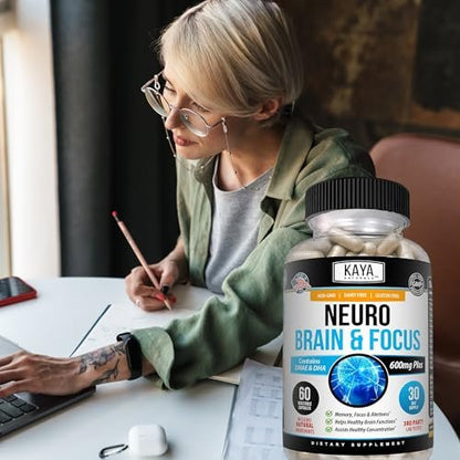 Kaya Naturals Neuro Brain – Nootropikum für Gedächtnis & Fokus – Kognitive Unterstützung & Lernfähigkeit – 60 Kapseln