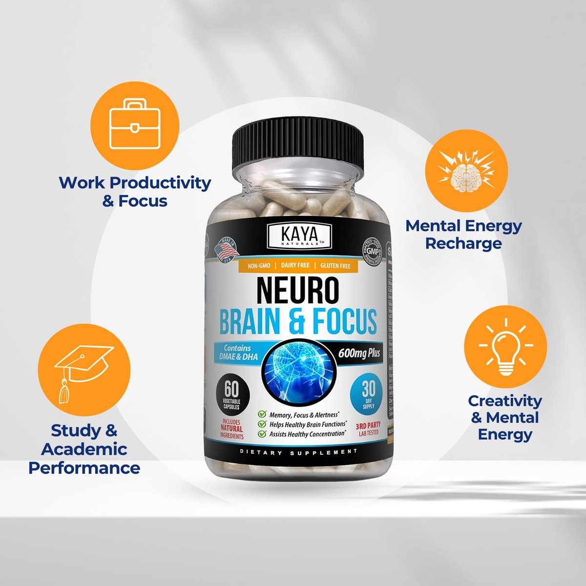 Kaya Naturals Neuro Brain – Nootropikum für Gedächtnis & Fokus – Kognitive Unterstützung & Lernfähigkeit – 60 Kapseln