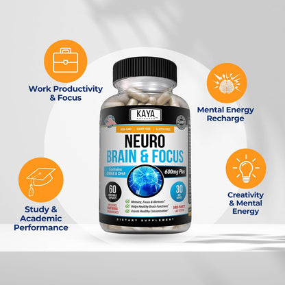 Kaya Naturals Neuro Brain – Nootropikum für Gedächtnis & Fokus – Kognitive Unterstützung & Lernfähigkeit – 60 Kapseln