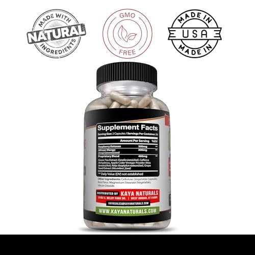 Kaya Naturals Keto Diät Himbeer-Ketone – Nahrungsergänzungsmittel zur Gewichtsabnahme, Appetitkontrolle, Stoffwechsel-Boost – 60 Kapseln