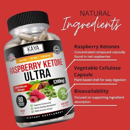 Kaya Naturals Keto Diät Himbeer-Ketone – Nahrungsergänzungsmittel zur Gewichtsabnahme, Appetitkontrolle, Stoffwechsel-Boost – 60 Kapseln