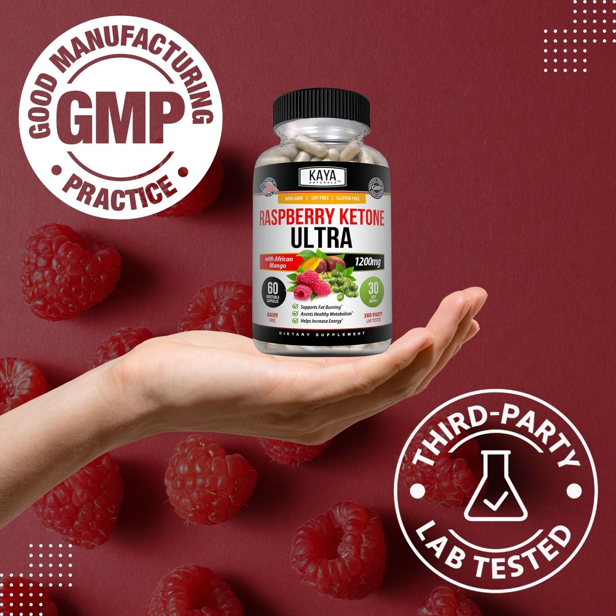 Kaya Naturals Keto Diät Himbeer-Ketone – Nahrungsergänzungsmittel zur Gewichtsabnahme, Appetitkontrolle, Stoffwechsel-Boost – 60 Kapseln