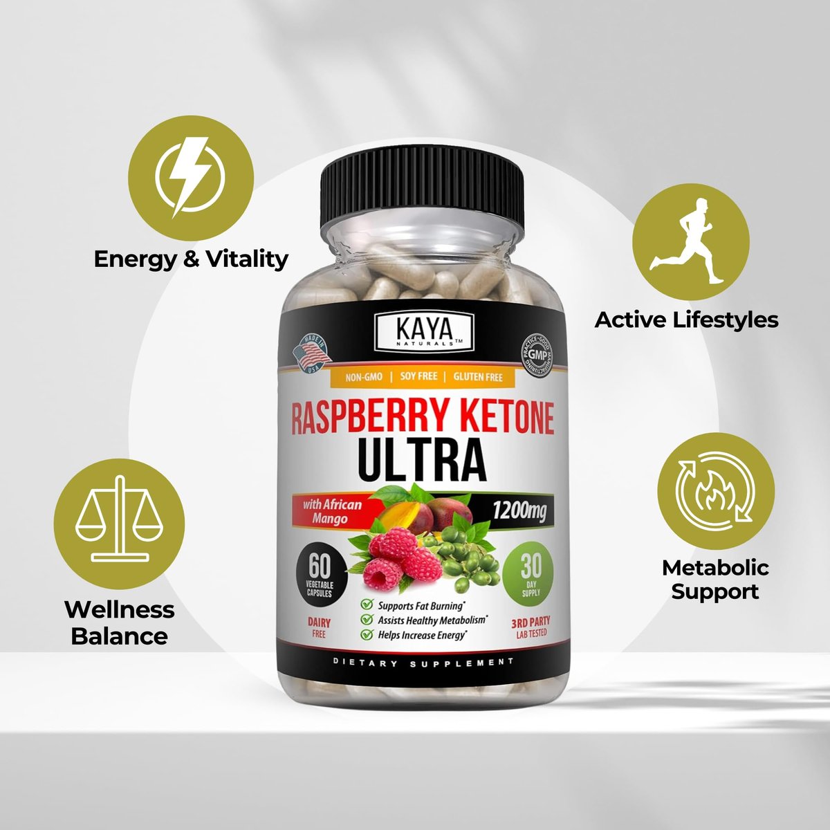 Kaya Naturals Keto Diät Himbeer-Ketone – Nahrungsergänzungsmittel zur Gewichtsabnahme, Appetitkontrolle, Stoffwechsel-Boost – 60 Kapseln