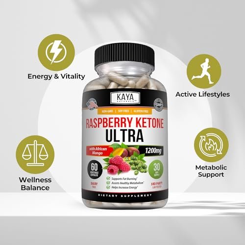 Kaya Naturals Keto Diät Himbeer-Ketone – Nahrungsergänzungsmittel zur Gewichtsabnahme, Appetitkontrolle, Stoffwechsel-Boost – 60 Kapseln