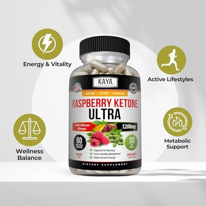 Kaya Naturals Keto Diät Himbeer-Ketone – Nahrungsergänzungsmittel zur Gewichtsabnahme, Appetitkontrolle, Stoffwechsel-Boost – 60 Kapseln
