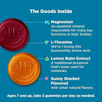 OLLY Kids Chillax Gummibärchen – Für eine ruhige und entspannte Stimmung* – mit Magnesium, L-Theanin, Melissen-Extrakt – Kaubonbon – Sherbet-Geschmack – 50 Stück (25 Tage Vorrat)