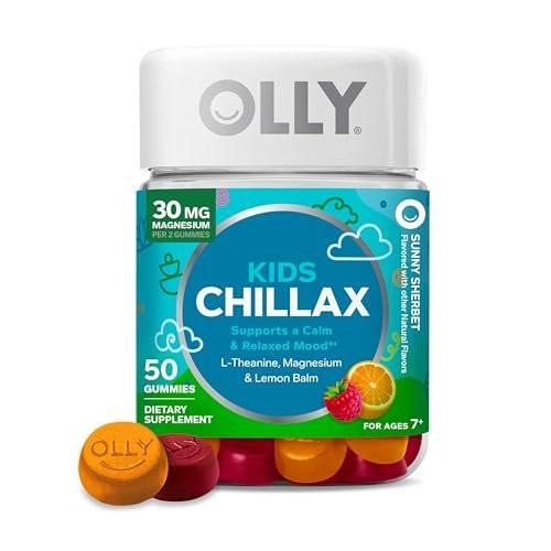OLLY Kids Chillax Gummibärchen – Für eine ruhige und entspannte Stimmung* – mit Magnesium, L-Theanin, Melissen-Extrakt – Kaubonbon – Sherbet-Geschmack – 50 Stück (25 Tage Vorrat)