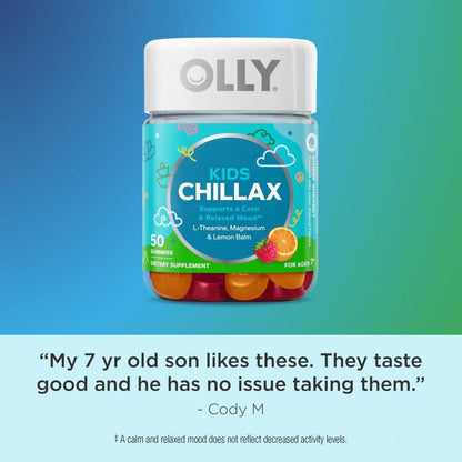 OLLY Kids Chillax Gummibärchen – Für eine ruhige und entspannte Stimmung* – mit Magnesium, L-Theanin, Melissen-Extrakt – Kaubonbon – Sherbet-Geschmack – 50 Stück (25 Tage Vorrat)