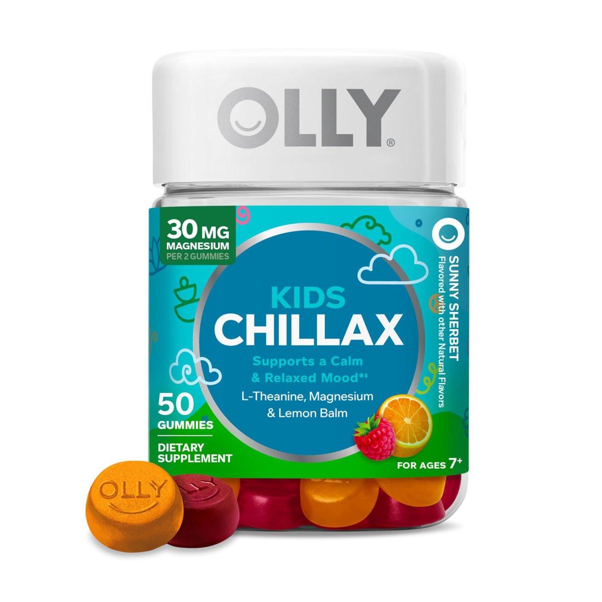 OLLY Kids Chillax Gummibärchen – Für eine ruhige und entspannte Stimmung* – mit Magnesium, L-Theanin, Melissen-Extrakt – Kaubonbon – Sherbet-Geschmack – 50 Stück (25 Tage Vorrat)