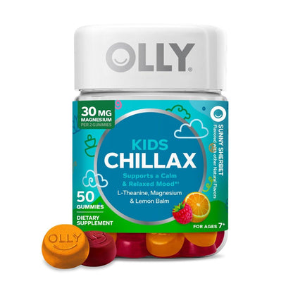 OLLY Kids Chillax Gummibärchen – Für eine ruhige und entspannte Stimmung* – mit Magnesium, L-Theanin, Melissen-Extrakt – Kaubonbon – Sherbet-Geschmack – 50 Stück (25 Tage Vorrat)