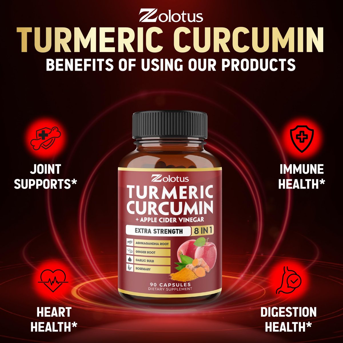 8-in-1 Kurkuma Curcumin + Apfelessig Kapseln, 3-Monats-Vorrat mit Ashwagandha, Ingwer, Knoblauchzehe, 95% standardisierte Curcuminoide, Gelenk- & Absorptionsunterstützung