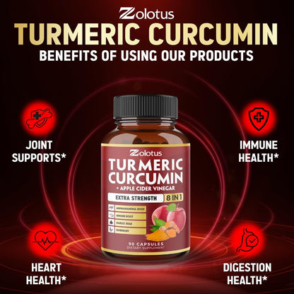 8-in-1 Kurkuma Curcumin + Apfelessig Kapseln, 3-Monats-Vorrat mit Ashwagandha, Ingwer, Knoblauchzehe, 95% standardisierte Curcuminoide, Gelenk- & Absorptionsunterstützung