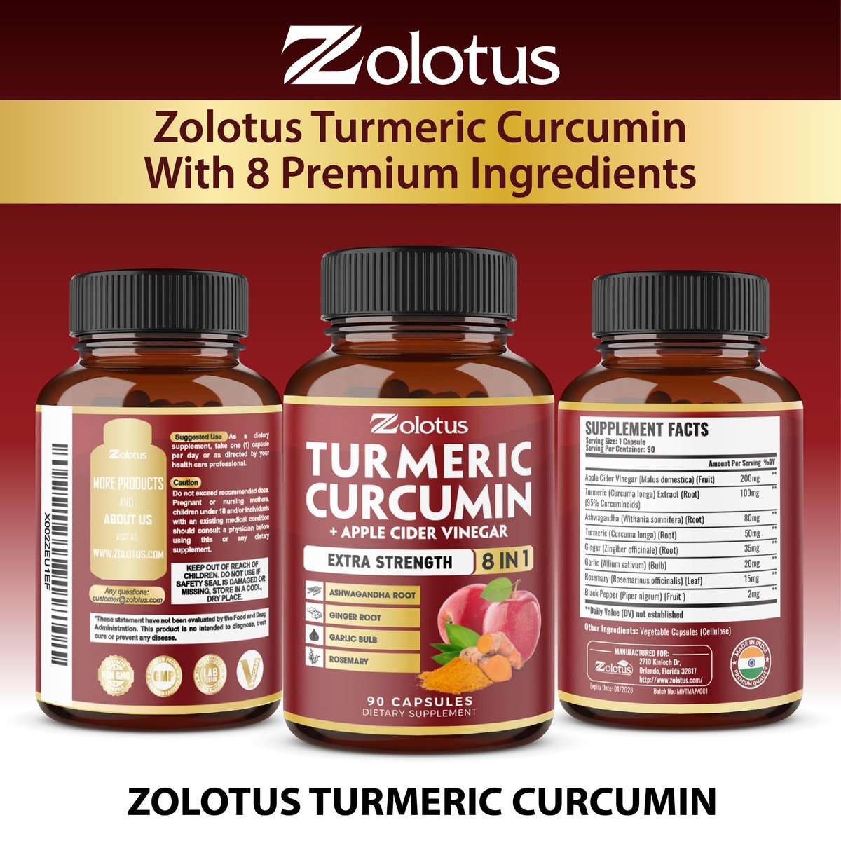 8-in-1 Kurkuma Curcumin + Apfelessig Kapseln, 3-Monats-Vorrat mit Ashwagandha, Ingwer, Knoblauchzehe, 95% standardisierte Curcuminoide, Gelenk- & Absorptionsunterstützung
