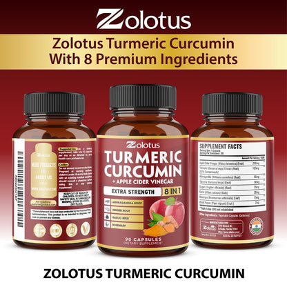 8-in-1 Kurkuma Curcumin + Apfelessig Kapseln, 3-Monats-Vorrat mit Ashwagandha, Ingwer, Knoblauchzehe, 95% standardisierte Curcuminoide, Gelenk- & Absorptionsunterstützung