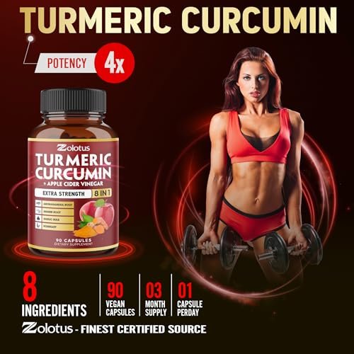 8-in-1 Kurkuma Curcumin + Apfelessig Kapseln, 3-Monats-Vorrat mit Ashwagandha, Ingwer, Knoblauchzehe, 95% standardisierte Curcuminoide, Gelenk- & Absorptionsunterstützung