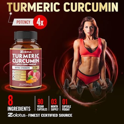 8-in-1 Kurkuma Curcumin + Apfelessig Kapseln, 3-Monats-Vorrat mit Ashwagandha, Ingwer, Knoblauchzehe, 95% standardisierte Curcuminoide, Gelenk- & Absorptionsunterstützung