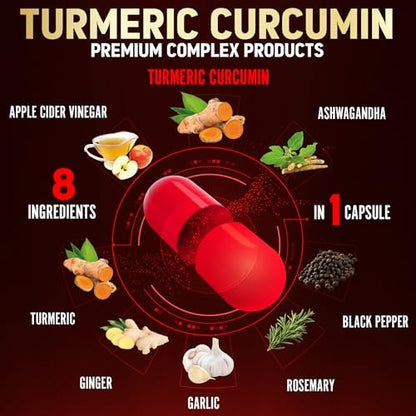 8-in-1 Kurkuma Curcumin + Apfelessig Kapseln, 3-Monats-Vorrat mit Ashwagandha, Ingwer, Knoblauchzehe, 95% standardisierte Curcuminoide, Gelenk- & Absorptionsunterstützung