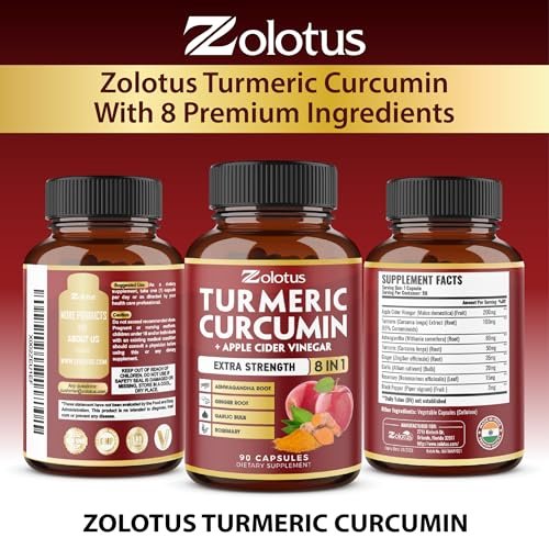 8-in-1 Kurkuma Curcumin + Apfelessig Kapseln, 3-Monats-Vorrat mit Ashwagandha, Ingwer, Knoblauchzehe, 95% standardisierte Curcuminoide, Gelenk- & Absorptionsunterstützung