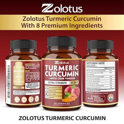 8-in-1 Kurkuma Curcumin + Apfelessig Kapseln, 3-Monats-Vorrat mit Ashwagandha, Ingwer, Knoblauchzehe, 95% standardisierte Curcuminoide, Gelenk- & Absorptionsunterstützung