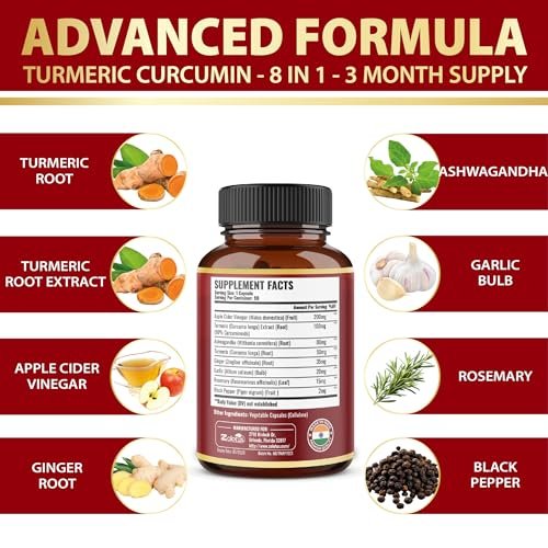 8-in-1 Kurkuma Curcumin + Apfelessig Kapseln, 3-Monats-Vorrat mit Ashwagandha, Ingwer, Knoblauchzehe, 95% standardisierte Curcuminoide, Gelenk- & Absorptionsunterstützung