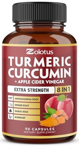8-in-1 Kurkuma Curcumin + Apfelessig Kapseln, 3-Monats-Vorrat mit Ashwagandha, Ingwer, Knoblauchzehe, 95% standardisierte Curcuminoide, Gelenk- & Absorptionsunterstützung