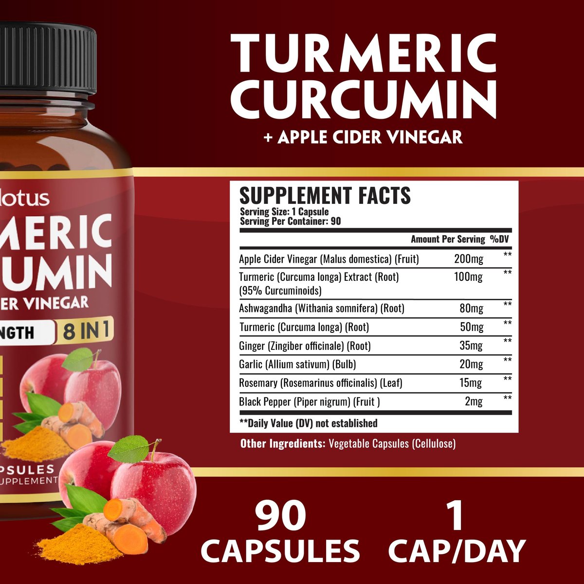 8-in-1 Kurkuma Curcumin + Apfelessig Kapseln, 3-Monats-Vorrat mit Ashwagandha, Ingwer, Knoblauchzehe, 95% standardisierte Curcuminoide, Gelenk- & Absorptionsunterstützung