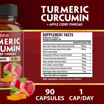 8-in-1 Kurkuma Curcumin + Apfelessig Kapseln, 3-Monats-Vorrat mit Ashwagandha, Ingwer, Knoblauchzehe, 95% standardisierte Curcuminoide, Gelenk- & Absorptionsunterstützung