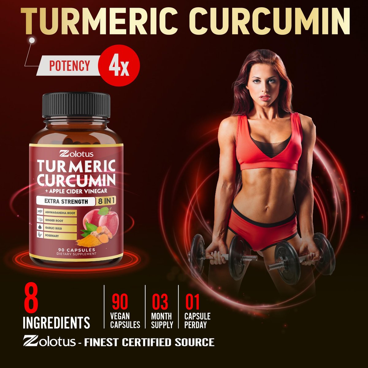 8-in-1 Kurkuma Curcumin + Apfelessig Kapseln, 3-Monats-Vorrat mit Ashwagandha, Ingwer, Knoblauchzehe, 95% standardisierte Curcuminoide, Gelenk- & Absorptionsunterstützung
