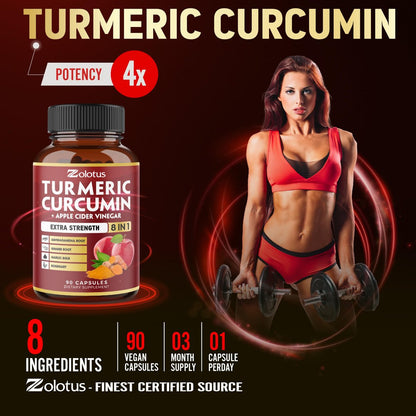8-in-1 Kurkuma Curcumin + Apfelessig Kapseln, 3-Monats-Vorrat mit Ashwagandha, Ingwer, Knoblauchzehe, 95% standardisierte Curcuminoide, Gelenk- & Absorptionsunterstützung