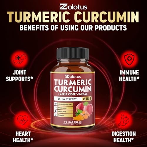 8-in-1 Kurkuma Curcumin + Apfelessig Kapseln, 3-Monats-Vorrat mit Ashwagandha, Ingwer, Knoblauchzehe, 95% standardisierte Curcuminoide, Gelenk- & Absorptionsunterstützung