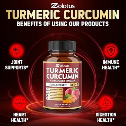 8-in-1 Kurkuma Curcumin + Apfelessig Kapseln, 3-Monats-Vorrat mit Ashwagandha, Ingwer, Knoblauchzehe, 95% standardisierte Curcuminoide, Gelenk- & Absorptionsunterstützung
