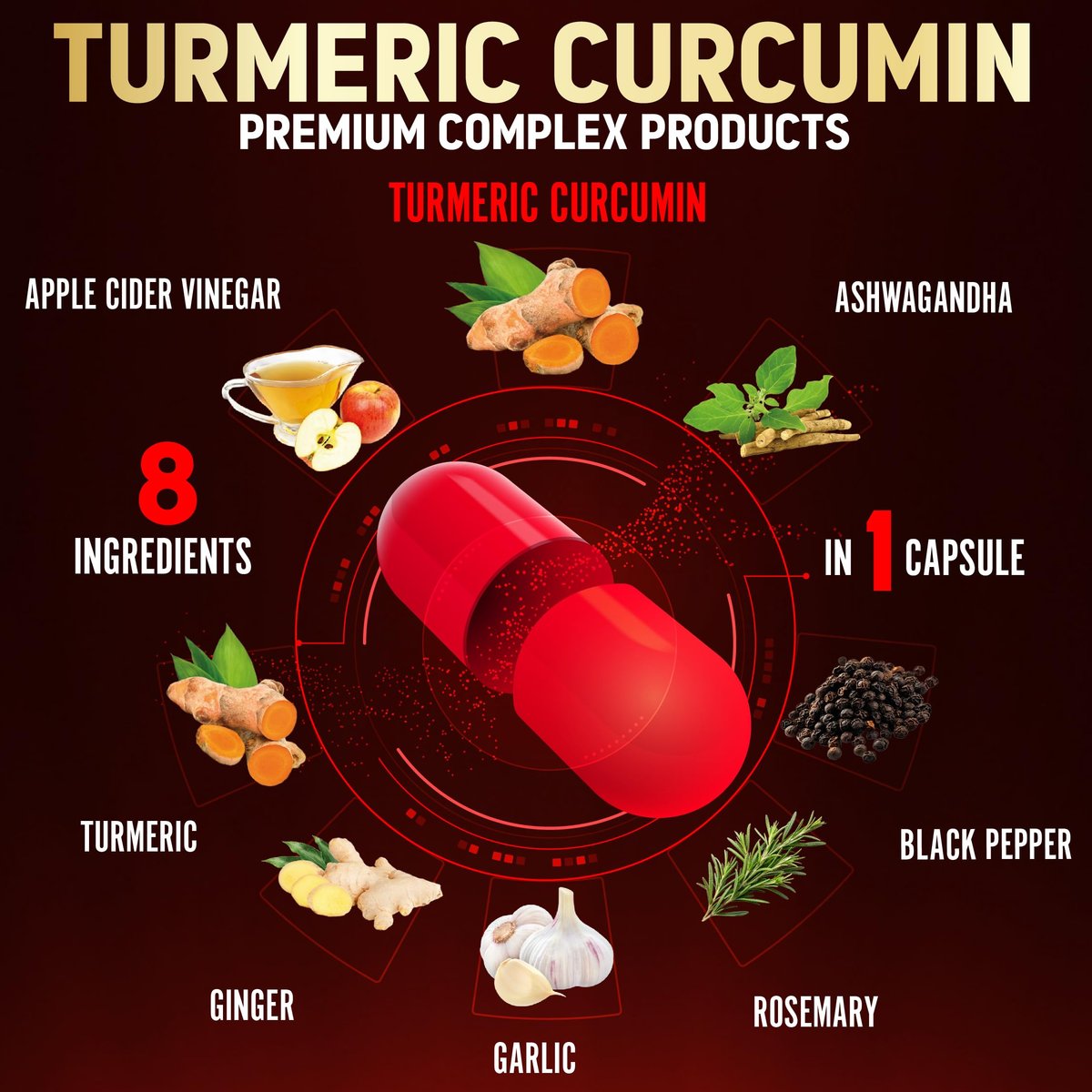 8-in-1 Kurkuma Curcumin + Apfelessig Kapseln, 3-Monats-Vorrat mit Ashwagandha, Ingwer, Knoblauchzehe, 95% standardisierte Curcuminoide, Gelenk- & Absorptionsunterstützung