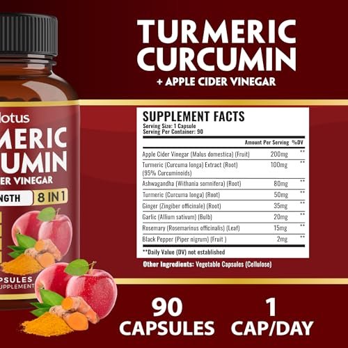 8-in-1 Kurkuma Curcumin + Apfelessig Kapseln, 3-Monats-Vorrat mit Ashwagandha, Ingwer, Knoblauchzehe, 95% standardisierte Curcuminoide, Gelenk- & Absorptionsunterstützung