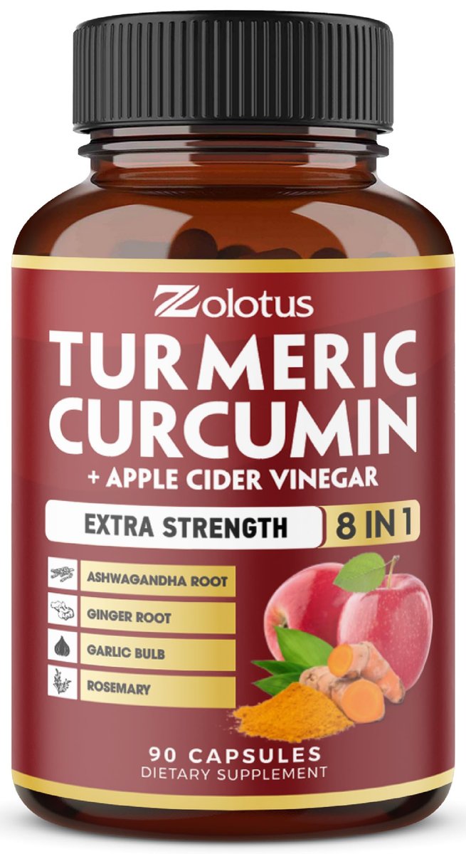 8-in-1 Kurkuma Curcumin + Apfelessig Kapseln, 3-Monats-Vorrat mit Ashwagandha, Ingwer, Knoblauchzehe, 95% standardisierte Curcuminoide, Gelenk- & Absorptionsunterstützung