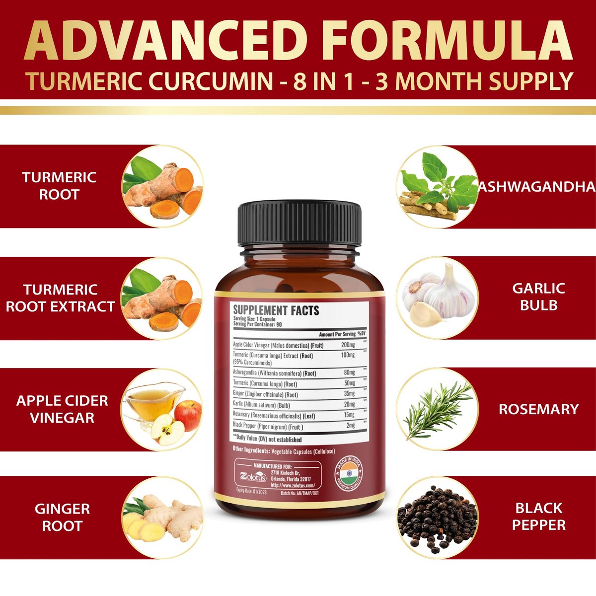 8-in-1 Kurkuma Curcumin + Apfelessig Kapseln, 3-Monats-Vorrat mit Ashwagandha, Ingwer, Knoblauchzehe, 95% standardisierte Curcuminoide, Gelenk- & Absorptionsunterstützung