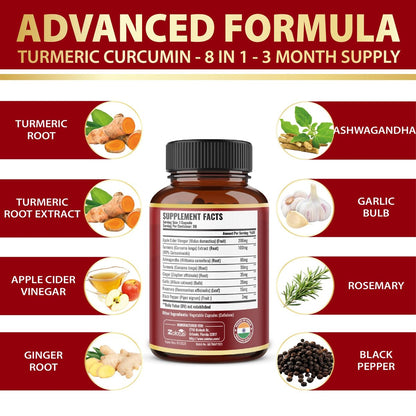 8-in-1 Kurkuma Curcumin + Apfelessig Kapseln, 3-Monats-Vorrat mit Ashwagandha, Ingwer, Knoblauchzehe, 95% standardisierte Curcuminoide, Gelenk- & Absorptionsunterstützung