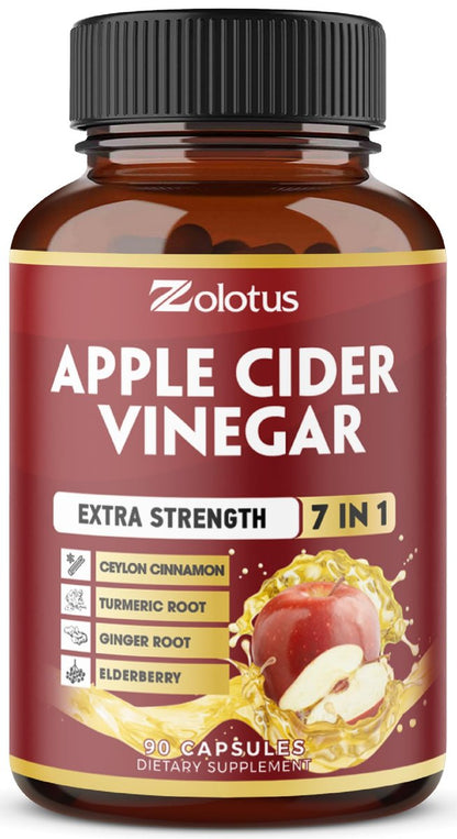 Zolotus 7-in-1 Apfelessig Kapseln, 3-Monatsvorrat mit Ceylon-Zimt, Ingwerwurzel, Kurkuma, Holunderbeere für Verdauung und Immunsystem, 90 Kapseln