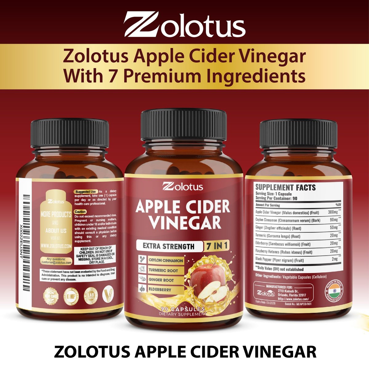 Zolotus 7-in-1 Apfelessig Kapseln, 3-Monatsvorrat mit Ceylon-Zimt, Ingwerwurzel, Kurkuma, Holunderbeere für Verdauung und Immunsystem, 90 Kapseln