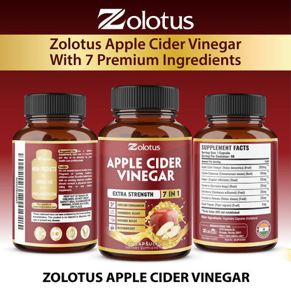 Zolotus 7-in-1 Apfelessig Kapseln, 3-Monatsvorrat mit Ceylon-Zimt, Ingwerwurzel, Kurkuma, Holunderbeere für Verdauung und Immunsystem, 90 Kapseln