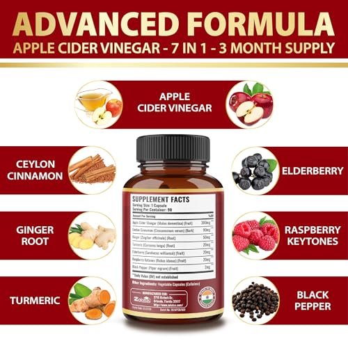 Zolotus 7-in-1 Apfelessig Kapseln, 3-Monatsvorrat mit Ceylon-Zimt, Ingwerwurzel, Kurkuma, Holunderbeere für Verdauung und Immunsystem, 90 Kapseln